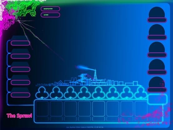 Identique à la précédente mais la vue de la ville comporte des bâtiments évoquant Paris : Tour Eiffel, Notre Dame, Pyramide du Louvre...
i.e. :
Un espace de jeu.
Sur fonds bleu dégradé de gauche à droite du sombre au clair.
Le coin en haut à gauche semble être abîmé comme un écran tactile ayant reçu un choc. On voit une fêlure et des sortes de cristaux roses et verts fluo.
- En haut deux emplacements pour les compteurs d'investigation et action.
- À gauche en colonne, cinq emplacements pour des marqueurs de menaces. Une fenêtre trapèze bleu sombre surmonte un cartouche rose fluo.
- À droite en colonne cinq emplacement pour des marqueurs de corporation. Un demi-cercle bleu sombre surmonte un cartouche ovale rose fluo.
- Une vue de ville de profil en fils bleu fluo forme une frise entre les deux colonnes à un tiers du bas de la page. Des bâtiments évoquent Paris : Tour Eiffel, Notre Dame, Pyramide du Louvre
- En dessous de la frise huit emplacements pour des portraits de personnages sont surmontés chacun de trois bulles pour les compteurs de "matos", "infos" et "retenues".
- À gauche des emplacements de portrait est écrit "The Sprawl" en rose fluo.