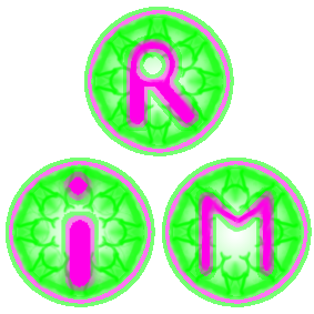 Trois cercles verts fluos dans lesquels sont inscrit une lettre en roses fluo :
"R" pour 'retenue"
"i" pour 'info"
"M" pour "matos"