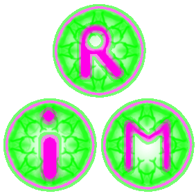 Trois cercles verts fluos dans lesquels sont inscrit une lettre en roses fluo :
"R" pour 'retenue"
"i" pour 'info"
"M" pour "matos"