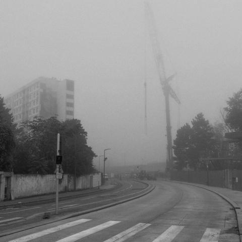 Une grue dans le brouillard face à une rue désertique.