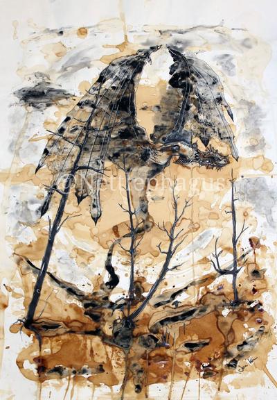 Ink and coffee painting where wyvern hover over dead landscape.