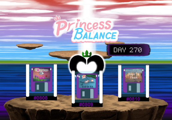 Floating words "PrincessBalance" and "BRJE - Day 270", just above three fictional game consoles labelled #0808, #0809, and #0810, with diskettes in them showing the corresponding game logo.