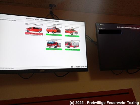Zwei Cmoputermonitore an der Wand befestigt. Die Monitore zeigen Einsatzdaten. Darunter eine rote Brandschutztüre.