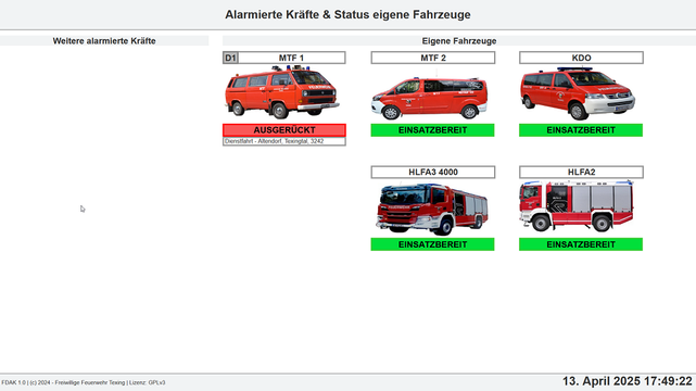 Eine Übersicht von Feuerwehrfahrzeugen. Die Fahrzeuge sind mit der Zusatzinformation  EINGERÜCKT oder AUSGERÜCKT versehen.