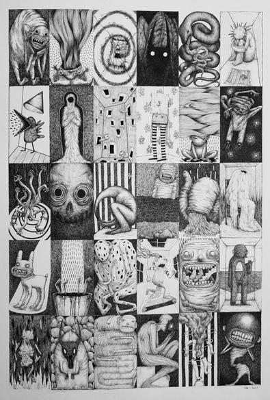 Dessin grand format orientation portrait, réalisé au feutre fin noir. C'est une succession de cases contenant chacune un monstre / une mise en scène. Chaque case est inspirée d'une sensation ou/et d'un sentiment. Les créatures qui apparaissent ont souvent les yeux vides ou lumineux, parfois des trous dans le corps, des cornes, ou des contorsions aléatoires. Il y a des effets graphiques de textures pour représenter des vagues, des flammes, des lumières et des ombres.