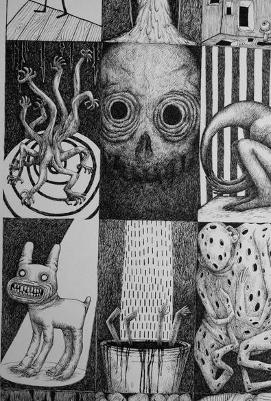 Gros plan sur un détail du dessin. Il y a une créature pleine de bras au centre d'une spirale. Un crâne aux yeux cernés qui disparait dans l'ombre. Une créature avec une tête en forme de trompe qui rejoint ses mains. Une créature à 4 pattes qui grince des dents. Un personnage qui se noie dans un gobelet de liquide noir, seuls ses bras et ses jambes dépassent. Une silhouette percée de multiples trous.