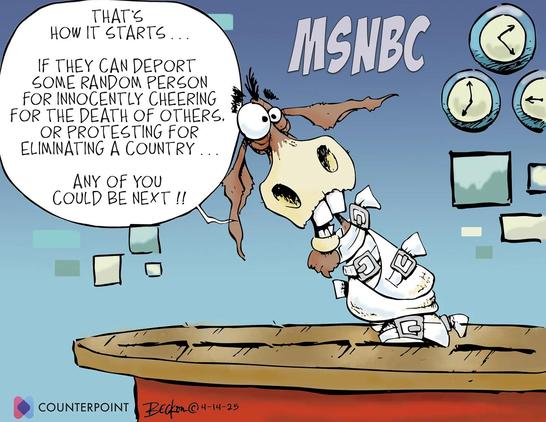 Cartoon of MSNBC caricature saying:
“THAT'S HOW IT STARTS...
IF THEY CAN DEPORT SOME RANDOM PERSON FOR INNOCENTLY CHEERING FOR THE DEATH OF OTHERS.
OR PROTESTING FOR ELIMINATING A COUNTRY
ANY OF YOU COULD BE NEXT!!