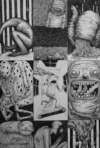 Gros plan sur un détail du dessin. On voit tour à tour une créature acroupie avec une tête en forme de trompe qui rejoins ses mains. Une momie qui grince des dents à moitié immergée dans l'eau. Un genre de gros ver qui vomit. Une silhouette percée de multiples trous. Un personnage épuisé qui court sur un tapis roulant, de la fumée s'échappe de sa tête, ses bras sont tronçonnés, un liquide s'échappe de son entre-jambes. Une tête bouche ouverte dans laquelle s'emmêle des escaliers.