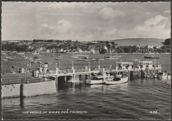 Monochrome real photographic postcard showing a view of the Prince of Wales Pier at Falmouth in Cornwall.

Publisher not stated, No G.83, c.1950s.

Postally unused.

Very good condition, with very slight corner bumps. There appears to be a small chip or spot to lower left centre, though seems to be under the emulsion, so may be a manufacturing fault.