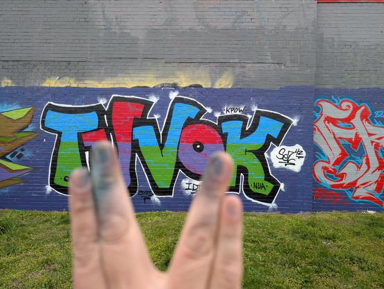 Flashing the Vulcan hand sign in front of a wall with TUVOK painted on it.