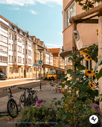 Blick auf den Hölderlinplatz: Im Vordergrund sind Sonnenblumen zu sehen, dahinter Fahrräder, Tische und Stühle einer Außengastronomie sowie eine U-Bahn an der Haltestelle.