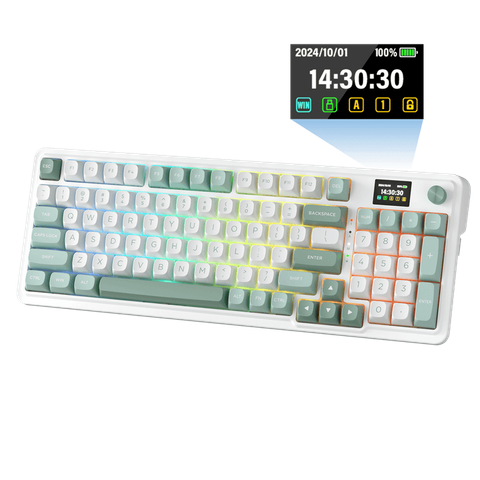 The image shows a mechanical keyboard with a modern design. The keyboard has a white frame with a gradient of pastel colors on the keys, transitioning from light blue to green to yellow. The keys are backlit, with the backlighting changing colors, adding a dynamic visual effect. The keyboard includes a full QWERTY layout with additional keys such as function keys (F1 to F12), a numeric keypad, and a set of media control keys. The keys are labeled with standard symbols and letters, and the layout is typical for a mechanical keyboard.

In the top right corner of the keyboard, there is a small digital display showing the time "14:30:30" and the date "2024/10/01," along with a battery icon indicating 100% charge. The display also shows icons for the Windows key, a lock, and other functions. The keyboard has a round knob on the top right, likely for adjusting settings or backlighting. The overall design is sleek and contemporary, with a focus on aesthetics and functionality.