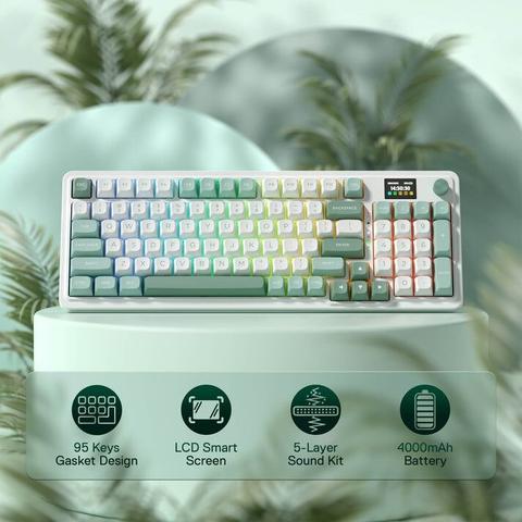 The image features a modern mechanical keyboard with a pastel color scheme, predominantly in shades of green and white. The keyboard has a 95-key layout, including a full set of alphanumeric keys, function keys, and a numeric keypad. The keys are backlit with a gradient of colors, transitioning from green to yellow to pink, enhancing visibility in low-light conditions. The keyboard includes an LCD smart screen on the top right, displaying the time and other information, and a volume control knob. The design includes a gasket design for improved durability and sound isolation. Below the keyboard, there are icons and text highlighting key features: "95 Keys Gasket Design," "LCD Smart Screen," "5-Layer Sound Kit," and "4000mAh Battery." The keyboard is placed on a circular pedestal with a soft, pastel background, featuring blurred green foliage, creating a serene and aesthetically pleasing environment.