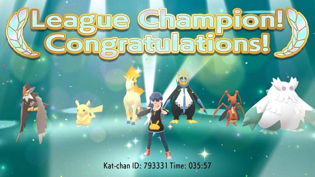 A screenshot from Pokémon Shining Pearl that says “League Champion! Congratulations!” with the female trainer standing in front of her team (from left to right) a Staraptor, a Pikachu, a Rapidash, an Empoleon, a Kricketune, and an Abomasnow.