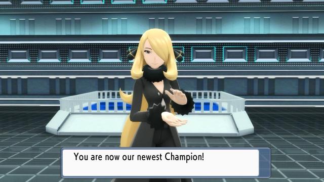 A screenshot of Pokémon Shining Pearl with Champion Cynthia clapping and telling be player “You are now our newest Champion!”