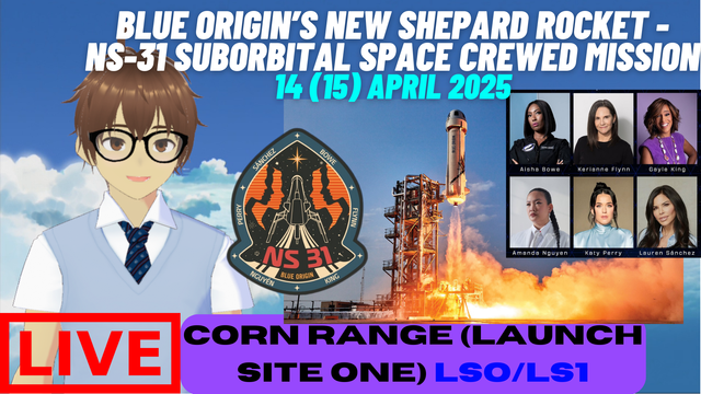 Daniel Suguwa, an indie VTuber, showing the thumbnail for the stream of Blue Origin's New Shepard rocket - NS-31 suborbital space crewed mission.