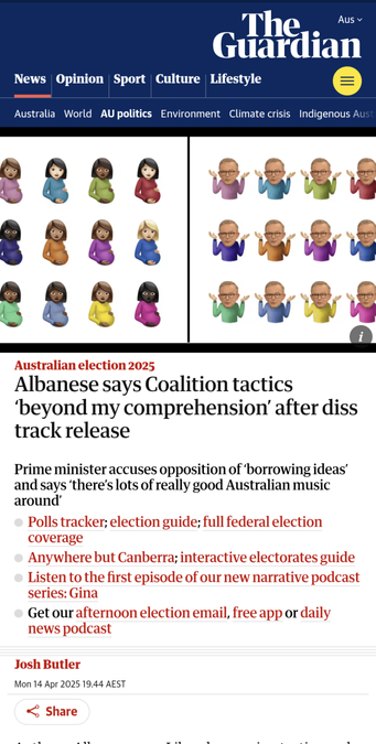 Slide 2 of 5. Screenshot of an article on the Guardian. Key image shows cover art for 'Certified Lover Boy' alongside the cover art for the Liberal Party diss track 'Leaving Labor' (multiple images of Albanese's head supered on shrugging cartoon bodies in different coloured jumpers).

Headline of article reads 'Albanese says Coalition tactics ‘beyond my comprehension’ after diss track release'.

Text continues: 'Prime minister accuses opposition of ‘borrowing ideas’ and says ‘there’s lots of really good Australian music around’.