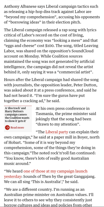 Slide 3 of 5. Screenshot of article body text. Article found here: https://www.theguardian.com/australia-news/2025/apr/14/anthony-albanese-liberal-campaign-cost-of-living-diss-track-reaction