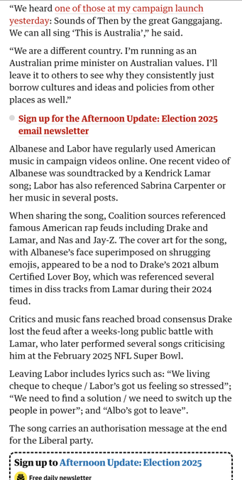 Slide 4 of 5. Screenshot of article body text. Article found here: https://www.theguardian.com/australia-news/2025/apr/14/anthony-albanese-liberal-campaign-cost-of-living-diss-track-reaction