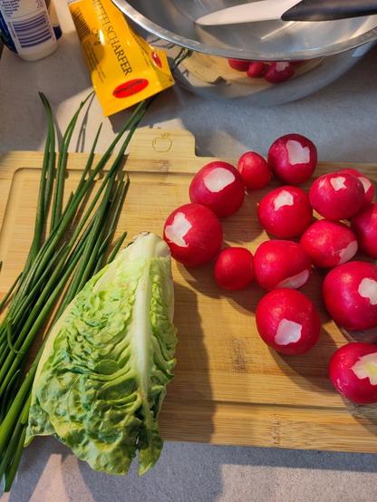 Ein Teil der Zutaten für den Salat, darunter eine Menge Radieschen, Salat, Schnittlauch und Senf.