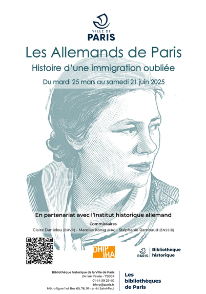 Plakat der Ausstellung mit einer Strichzeichnung in blau-weiß der Fotografin Germaine Krull, darüber in blauer Schrift "Les Allemands de Paris. Histoire d'une immigration oubliée". Unten die Logos der BHVP und des DHIP