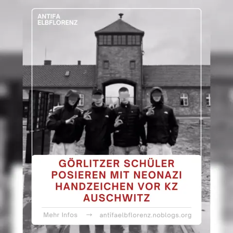 Görlitzer Schüler der 9. Klasse posieren mit dem White Power Handzeichen vor dem KZ Auschwitz
