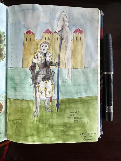 Sketch in sketchbook of Joan of Arc after P.L. Albert standing in front of a castle surrounded by a lake