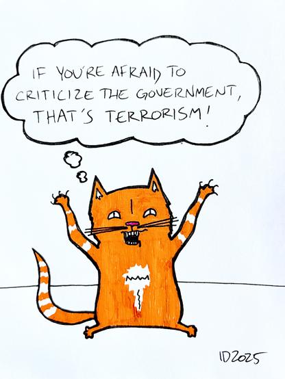 an orange cat with forelimbs raised to the sky grimaces and thinks "if you're afraid to criticize the government, that's terrorism!"