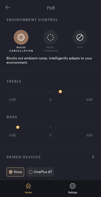 A screen grab of the bowers and Wilkins app showing the bass and treble settings as discussed above.