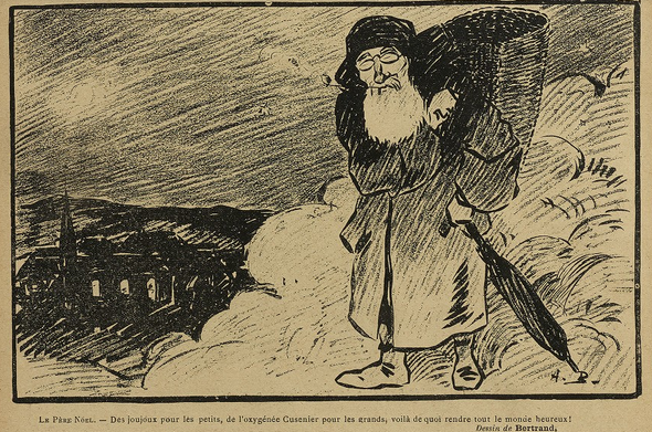 This image shows a drawing, black on yellowish paper. It shows, in the foreground, a man with a white beard, in a black coat, shown as standing on the ground, but in front of clouds. On his back, he carries a basket, which he holds in place with his right hand. In his left hand, he has an umbrella that he leans on. He has a pipe in his mouth. Behind him, on the left hand side, is a village, with illuminated windows of a little church.

Below the image, it says, in French: "Toys for the little ones, Oxygénée Cusenier for the grown-ups - that is how you make everyone happy!"

This sketch was published in "Le Sourire" on the 22.12.1906, p. 10.