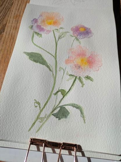 This is a watercolor painting of stems of delicate viola hybrid pansies.  They have yellow centers and ruffled petals in peachy pink, warm yellow, and warm purple. The leaves along the stems and at the base of the pansies are yellow green with darker bits for shadow.