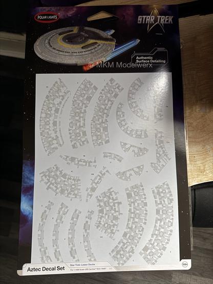 Packaging for the Aztec decal set for the Cerritos model. It shows an image of the model at the top and a representation of one of the decal sheets takes up most of the area.