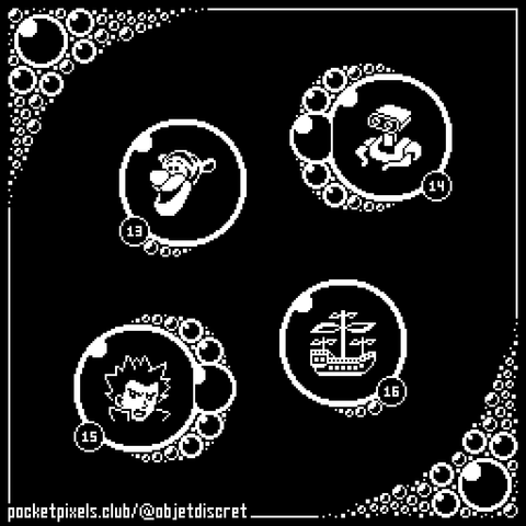 a pixel art illustration of Disney's version of Tigger, Nintendo's ROB, Lance from Pokemon, an an airship with propellers.