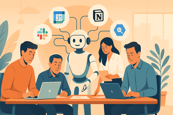 Group of people with their computers with AI connecting all their Applications