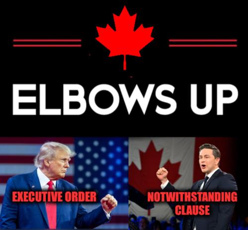 Elbows Up!  
Adolf Trump fist pump with caption:  Executive Order
Adolf Poilievre fist pump with caption:  Notwithstanding Clause