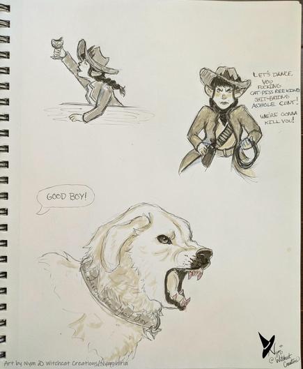 a set of traditional art sketches- one of a female halfling in a cowboy hat and coat raising a goblet in a toast, one of the same halfling very angry, cursing towards the viewer, with a lasso in her hand and her other hand flipping her coat back to draw her gun, and the third sketch of a very angry great pyrenees dog, snarling, with blood on his fangs, a collar that says "Leroy the Good Boy", and a speech bubble behind him saying "Good Boy!"