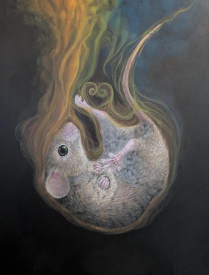 An in progress acrylic painting of a house mouse falling into water through orange and green mist.