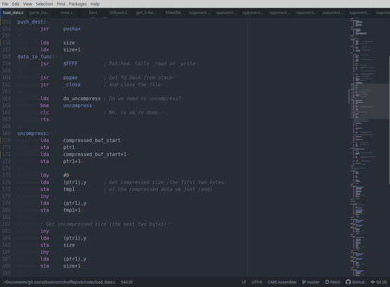 A screenshot of my editor, with load_data.s opened. I'm working on moving compressed data to the end of the destination buffer so that I can uncompress in-place.