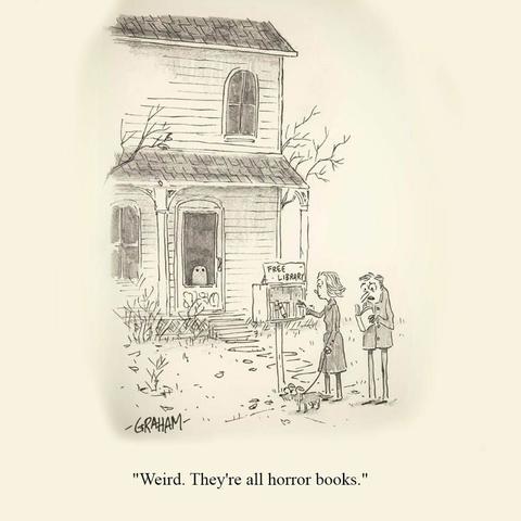 A cartoon illustration of a couple looking at a free library box in front of an old house with a ghost in it. Caption reads "Weird. They're all horror books."