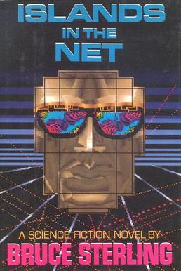 The cover of Islands in the Net by Bruce Sterling features a stylized, cyberpunk aesthetic dominated by a pixelated human face composed of blocky, geometric segments. This abstracted head, centered on the cover, evokes a digital avatar or artificial intelligence construct—fragmented yet cohesive, suggesting themes of identity, surveillance, and networked consciousness.

The figure wears reflective sunglasses, each lens displaying vivid, high-contrast images of futuristic urban landscapes with palm trees and neon skylines—perhaps referencing tropical data havens or technologically advanced enclaves, as hinted by the novel’s title. The mirrored surfaces reinforce the idea of perception shaped by technology and mediated experience.

Above the face, the title “ISLANDS IN THE NET” appears in bold, electric blue, stacked in three lines. The font is clean, angular, and saturated—typical of late 80s digital futurism. Below the face, the subtitle “A SCIENCE FICTION NOVEL BY:” is written in yellow all-caps, leading to the author's name, “BRUCE STERLING,” rendered in a bright magenta with heavy weight, grabbing attention and anchoring the visual flow.

The background is black, covered in a faint grid of diagonal neon lines converging toward the center, reinforcing a sense of cyberspace or digital infrastructure. Overall, the design projects a high-tech, ideologically charged atmosphere—perfectly matching the book’s exploration of geopolitics, data warfare, and global techno-societies.
