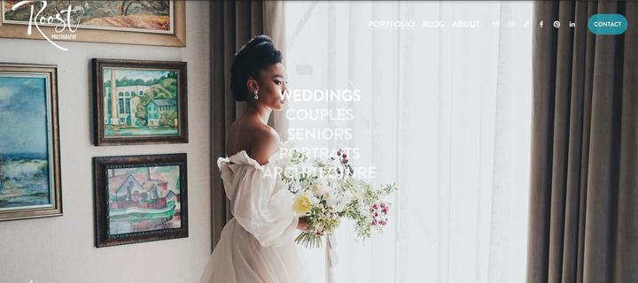 Screenshot of the homepage my freshly rebuilt website: Www.roostmke.com

It shows a woman in a bridal gown at the Milwaukee Art Museum with my logo and navigation in front of her. Options include: weddings, couples, seniors, portraits, architecture, as well as about, contact, and blog.