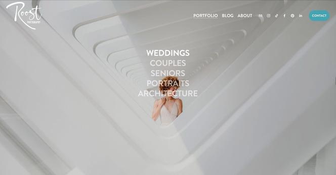 Screenshot of the homepage my freshly rebuilt website: Www.roostmke.com

It shows a woman in a bridal gown at the Milwaukee Art Museum with my logo and navigation in front of her. Options include: weddings, couples, seniors, portraits, architecture, as well as about, contact, and blog.