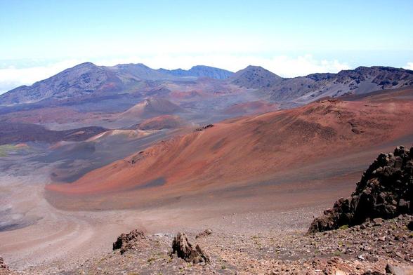 A Mars-like landscape of craters and hills inside Haleakala crater on top of Maui.