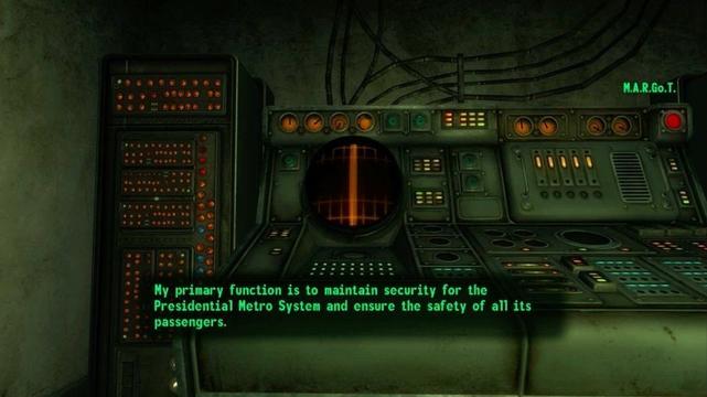 A huge vintage-looking computer bank with lots of switches and dials. In text on the screen, it speaks: "M.A.R.Go.T.: My primary function is to maintain security for the Presidential Metro System and ensure the safety of all its passengers."