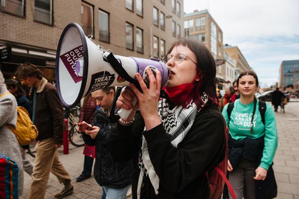 A protester on the megaphone.