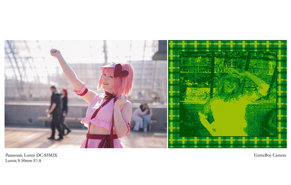Cosplayer als Amu Hinamori aus dem Anime Shugo Chara. Ein Foto aufgenommen mit einer modernen Digitalkamera und eines mit der GameBoy Camera.