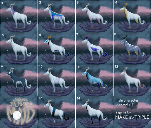 Concept art sheet of various patterns for a so-called mooncalf, the main character in an upcoming game. The square grid with 14 options display options rnging from aniaml patterns to more anime-looking colours for a fantasy animal that resembles a deer. The base fur is white with pale horns. The background is a dark pink starry night, the mooncalf stands on a giant flower that will be the platforms in the game.