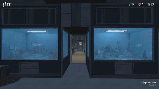 The Aquarium room in Blue Prince, looking out of the room down a long corridor. The room itself contains fish, water, and tanks filled with room clues.