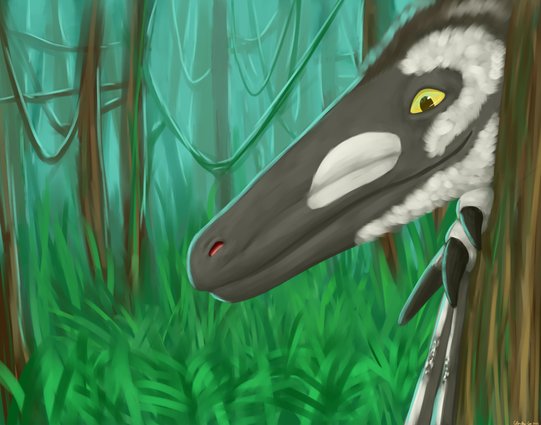 A dense green jungle landscape with a greenish blue light peeking in from the sky. At the foreground a Austroraptor is peeking out from behind ones of the trees from the right side of the painting. Looking down towards the viewer as if they were looking for them.