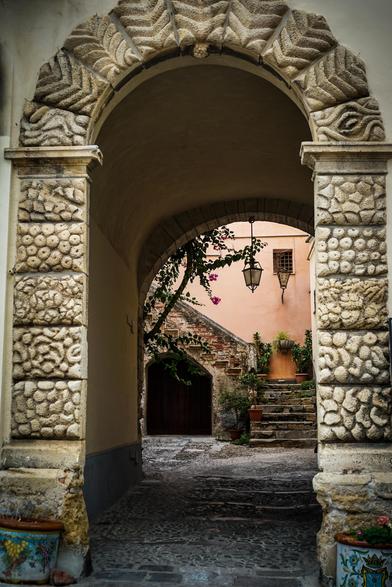 The image depicts a charming, narrow alleyway framed by an intricately carved stone archway. The arch features detailed relief work with leaf-like patterns and textured stone blocks, adding a sense of historical elegance. The cobblestone path leads the eye through the archway, inviting exploration. On the right, a staircase with potted plants ascends to a door, while a hanging lantern adds a touch of old-world charm. The background reveals a peach-colored building with a small window, enhancing the quaint atmosphere. The scene is enriched with natural elements, such as a vine with pink flowers, and decorative pots with colorful designs, contributing to the overall aesthetic.

Provided by @altbot, generated privately and locally using Ovis2-8B